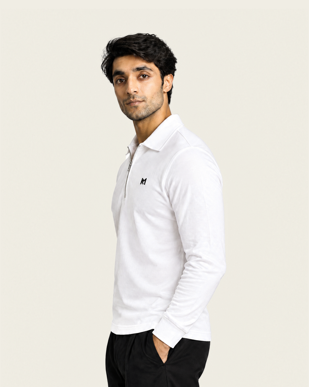 KM Zipper Long-Sleeve Polo White