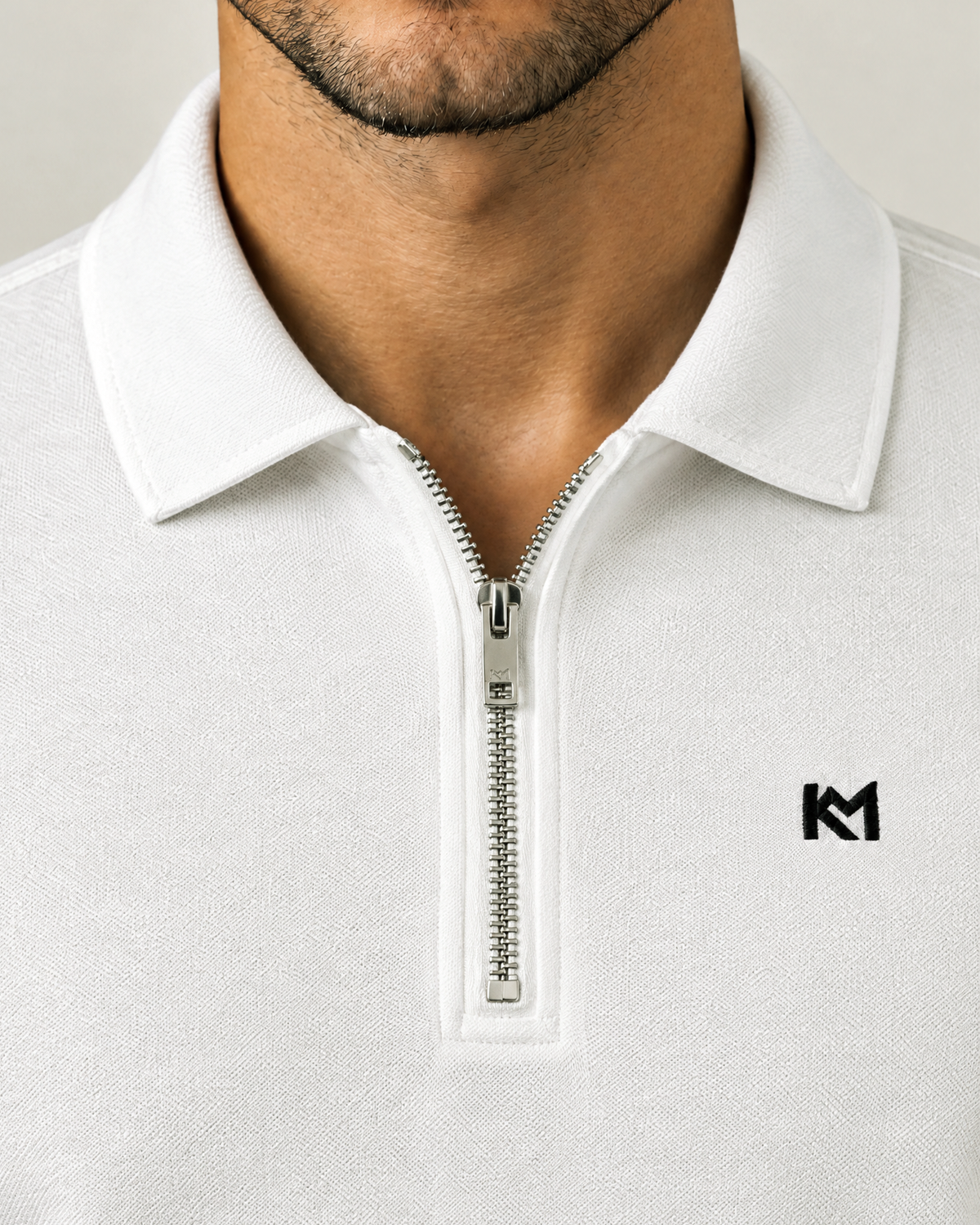 KM Zipper Long-Sleeve Polo White